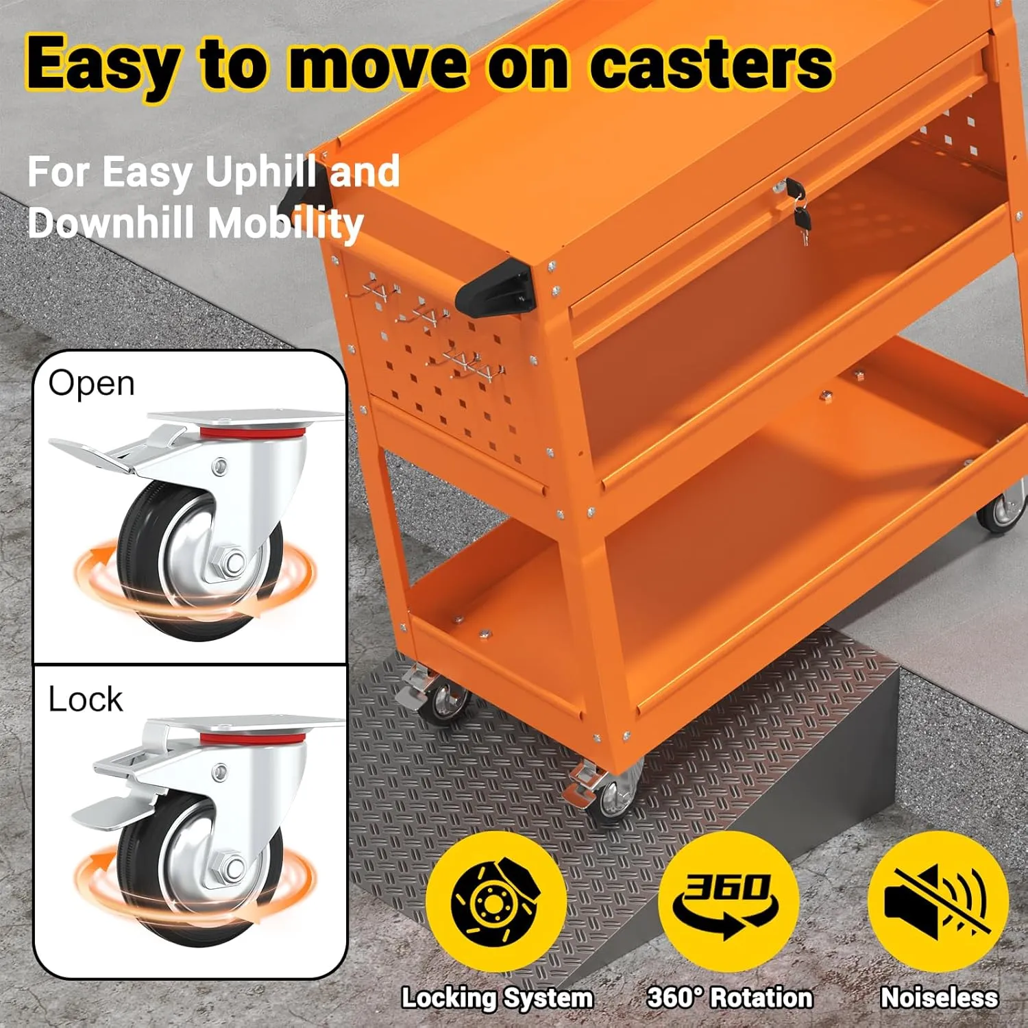 3 Tier Rolling Tool Cart on Wheels, 550 LBS Tool Cart with Drawers，Heavy Duty Utility Cart with Pegboard and Hook，Mechanic Tool Storage Cart for Garage, Warehouse and Repair Shop(Orange)