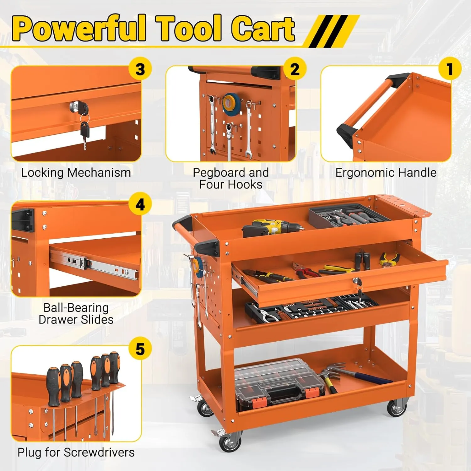 3 Tier Rolling Tool Cart on Wheels, 550 LBS Tool Cart with Drawers，Heavy Duty Utility Cart with Pegboard and Hook，Mechanic Tool Storage Cart for Garage, Warehouse and Repair Shop(Orange)