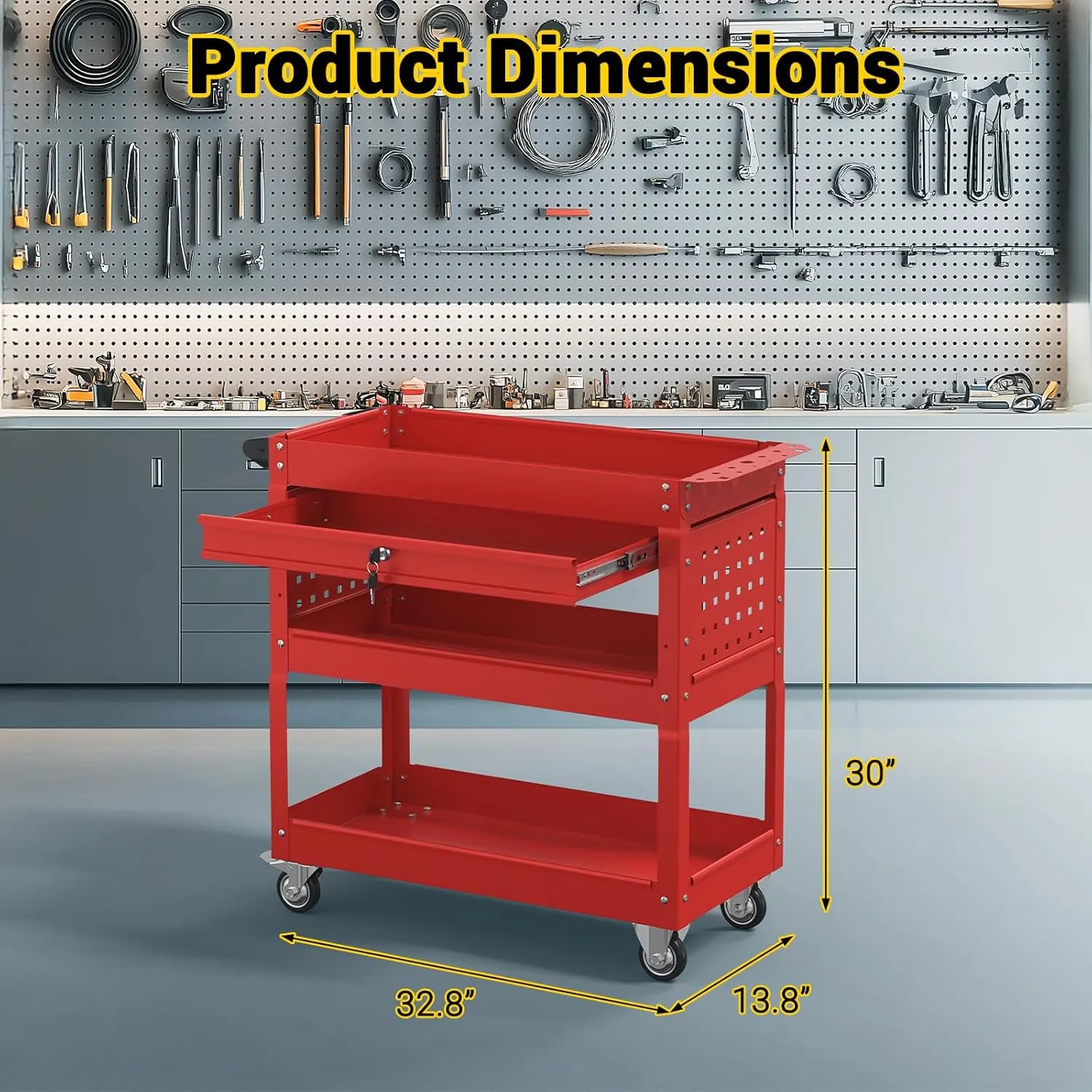 3 Tier Rolling Tool Cart on Wheels, 550 LBS Tool Cart with Drawers，Heavy Duty Utility Cart with Pegboard and Hook，Mechanic Tool Storage Cart for Garage, Warehouse and Repair Shop(Red)