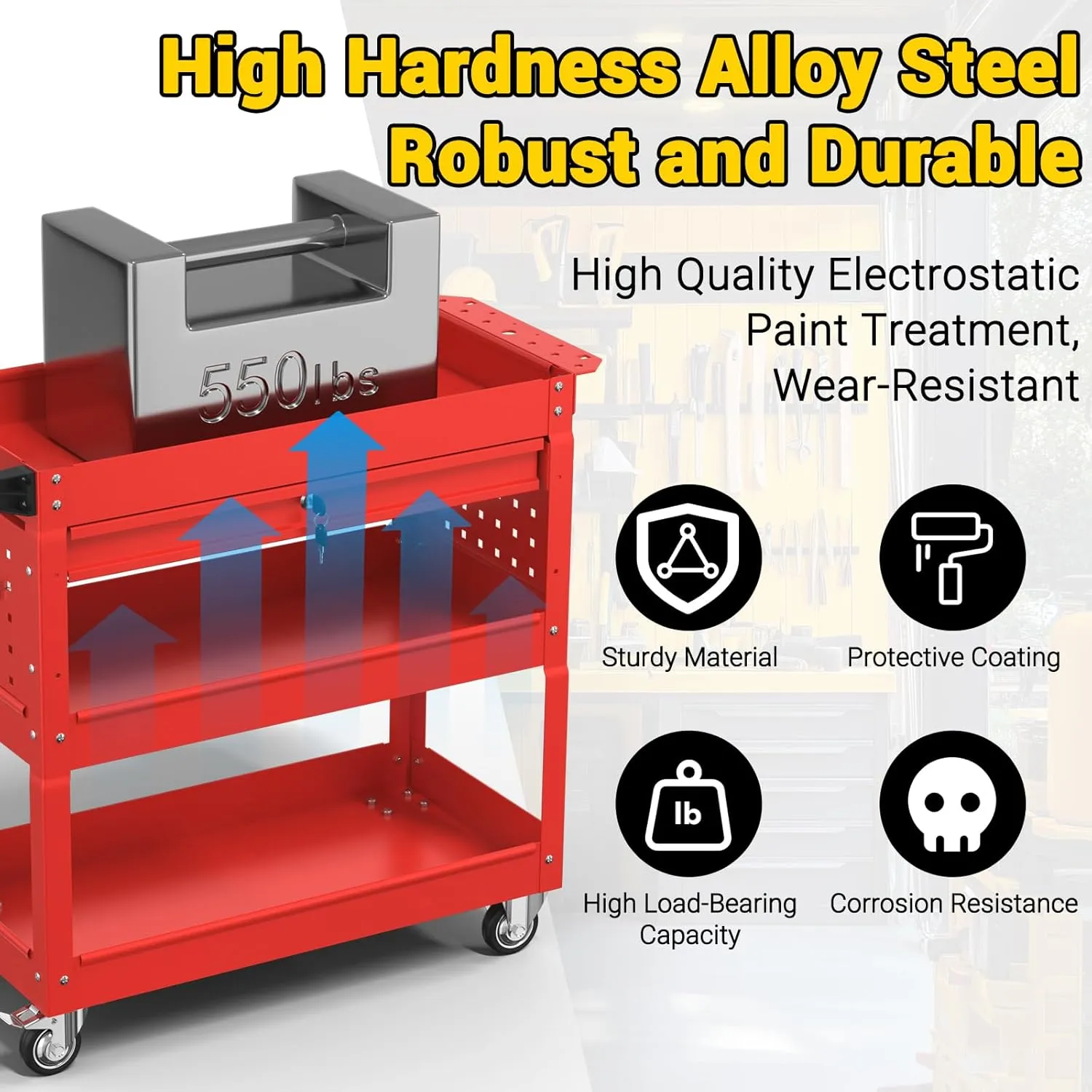 3 Tier Rolling Tool Cart on Wheels, 550 LBS Tool Cart with Drawers，Heavy Duty Utility Cart with Pegboard and Hook，Mechanic Tool Storage Cart for Garage, Warehouse and Repair Shop(Red)
