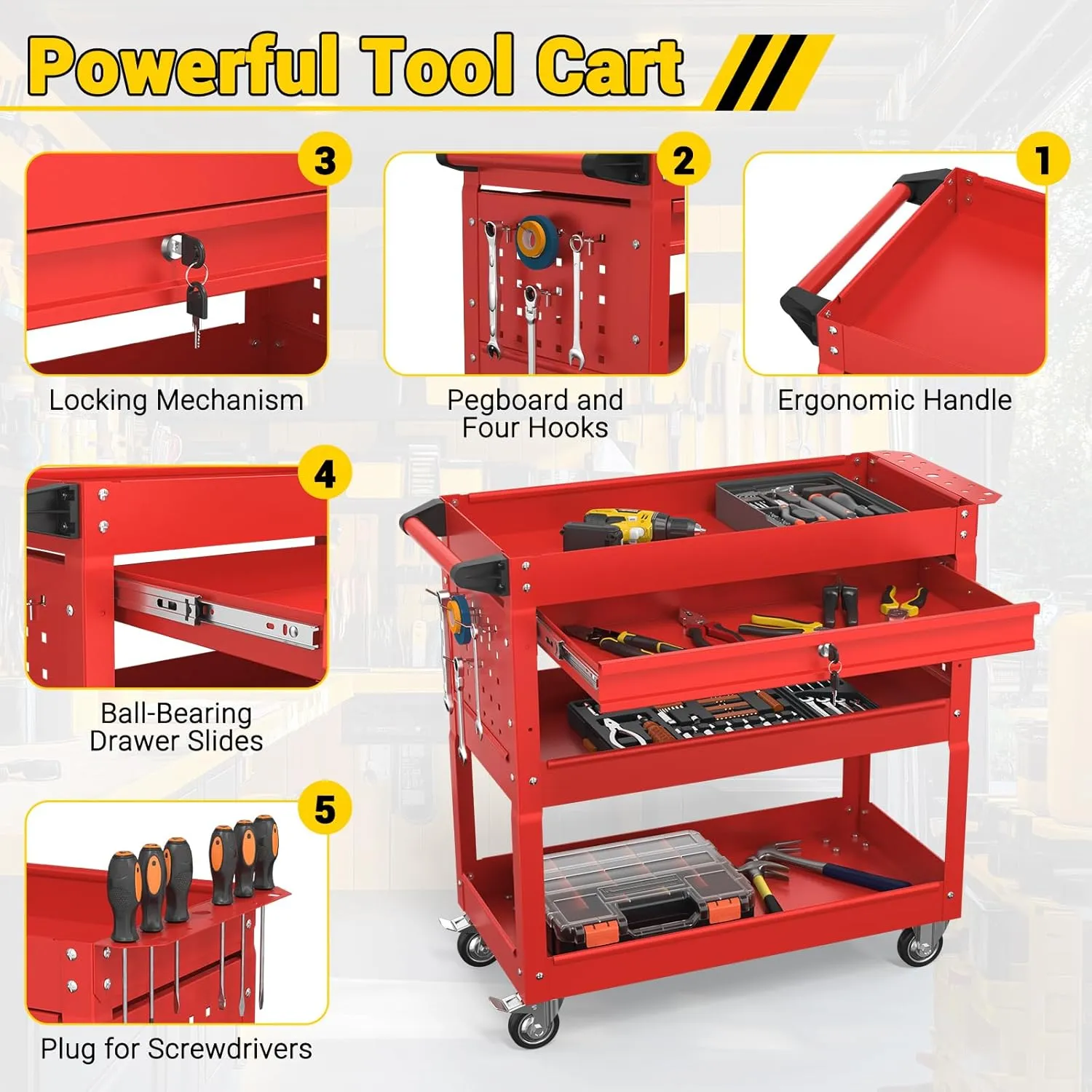3 Tier Rolling Tool Cart on Wheels, 550 LBS Tool Cart with Drawers，Heavy Duty Utility Cart with Pegboard and Hook，Mechanic Tool Storage Cart for Garage, Warehouse and Repair Shop(Red)
