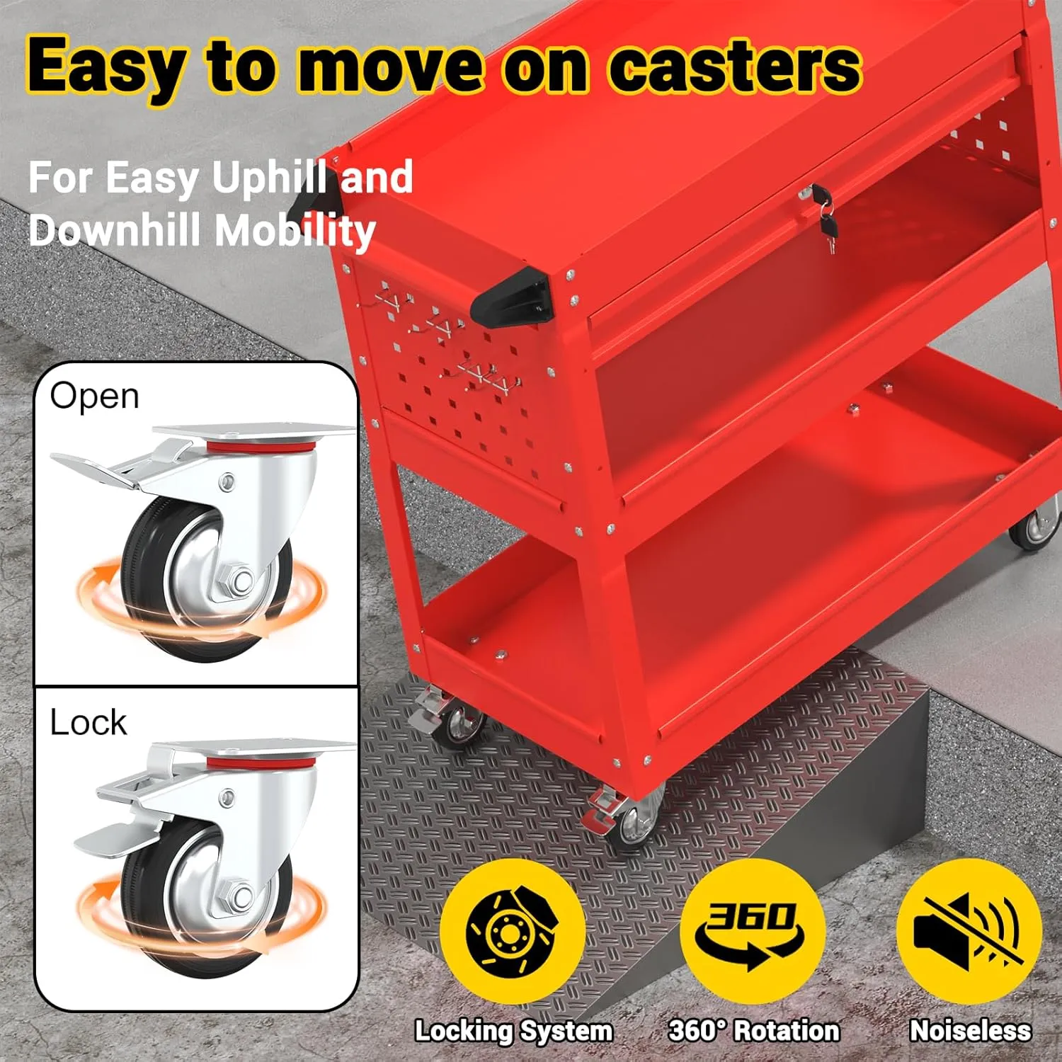3 Tier Rolling Tool Cart on Wheels, 550 LBS Tool Cart with Drawers，Heavy Duty Utility Cart with Pegboard and Hook，Mechanic Tool Storage Cart for Garage, Warehouse and Repair Shop(Red)