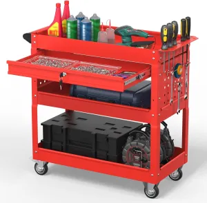 3 Tier Rolling Tool Cart on Wheels, 550 LBS Tool Cart with Drawers，Heavy Duty Utility Cart with Pegboard and Hook，Mechanic Tool Storage Cart for Garage, Warehouse and Repair Shop(Red)
