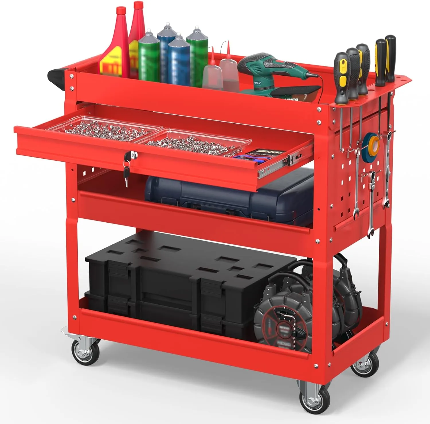 3 Tier Rolling Tool Cart on Wheels, 550 LBS Tool Cart with Drawers，Heavy Duty Utility Cart with Pegboard and Hook，Mechanic Tool Storage Cart for Garage, Warehouse and Repair Shop(Red)