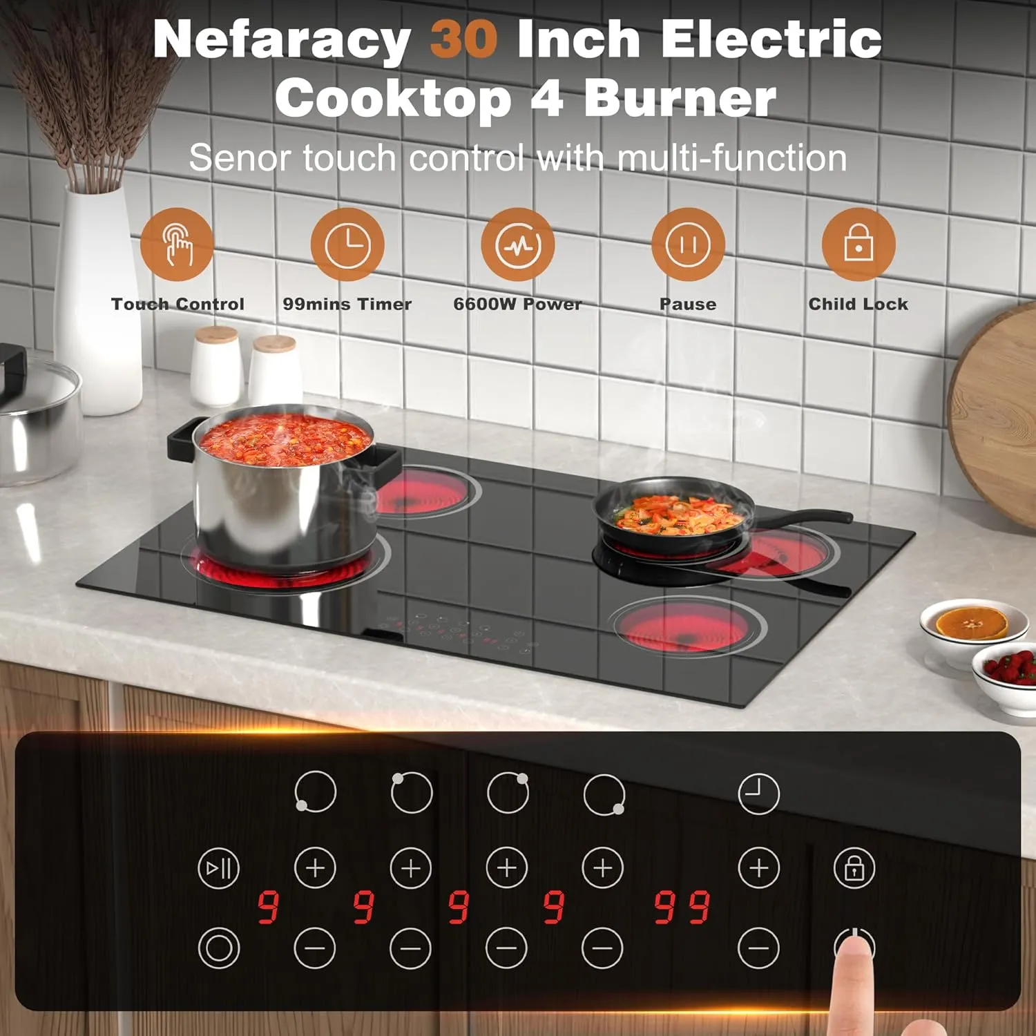 30 Inch Electric Cooktop 4 Burner, Nefaracy Electric Stove Top With Dual Oval Zone, 6600W Built-in Radiant Electric Stove, Hot Surface Indicator, Touch Control, 9 Power Level, 240V(No Plug)