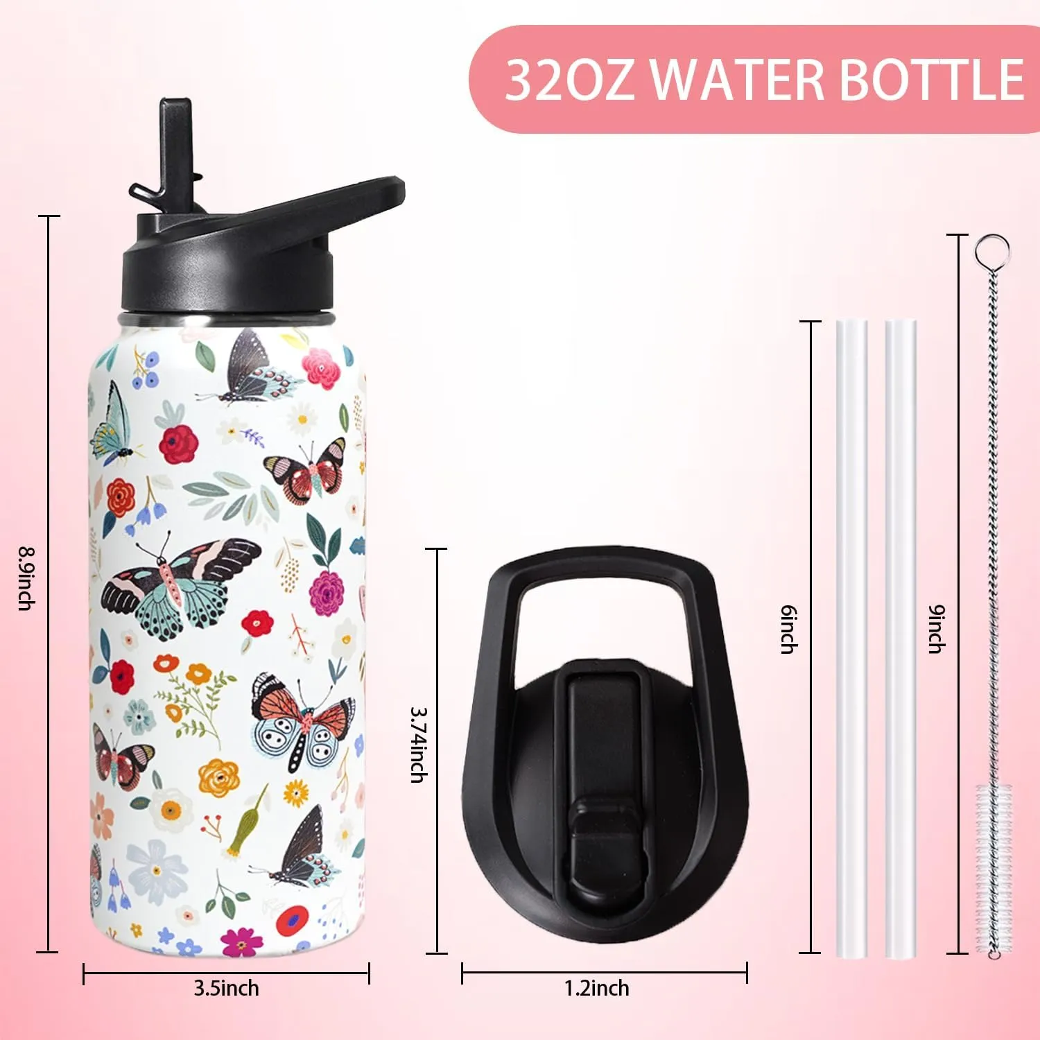 32oz Butterfly Stainless Insulated Aater Water Bottle with Straw,Butterfly Gym Hiking Sports Coffee Mug Cup Water Bottles,Butterfly Gifts for Women,Butterfly Decor Stuff Accessories