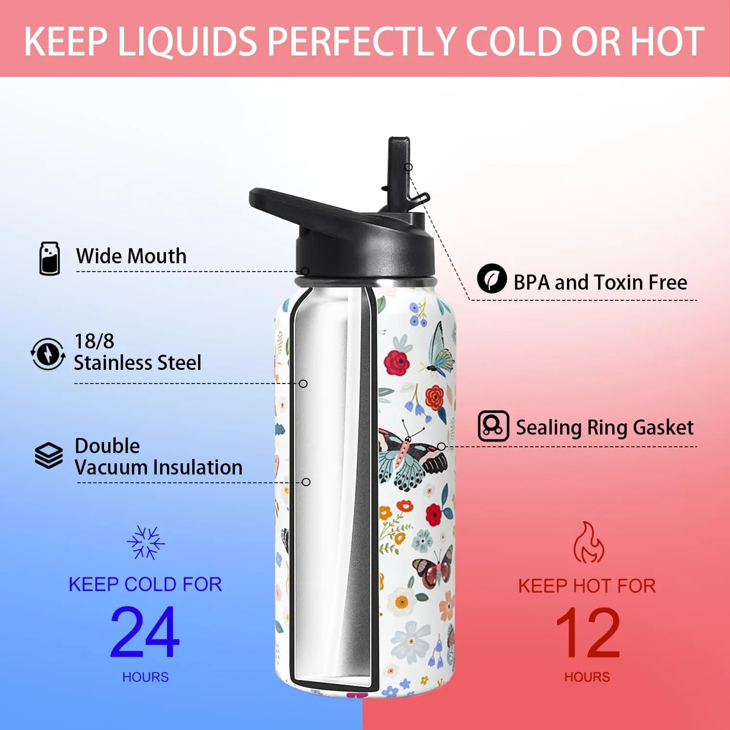 32oz Butterfly Stainless Insulated Aater Water Bottle with Straw,Butterfly Gym Hiking Sports Coffee Mug Cup Water Bottles,Butterfly Gifts for Women,Butterfly Decor Stuff Accessories