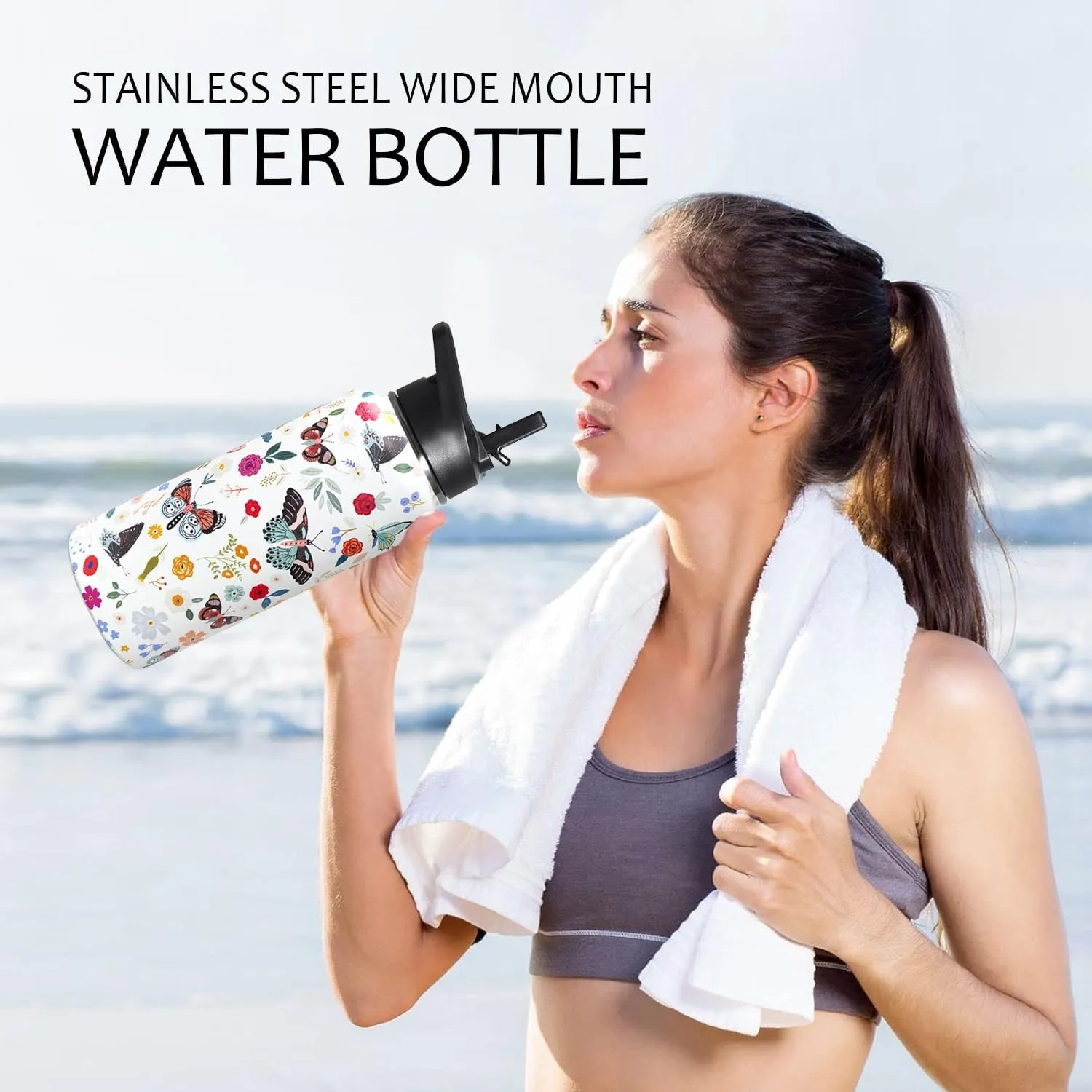 32oz Butterfly Stainless Insulated Aater Water Bottle with Straw,Butterfly Gym Hiking Sports Coffee Mug Cup Water Bottles,Butterfly Gifts for Women,Butterfly Decor Stuff Accessories