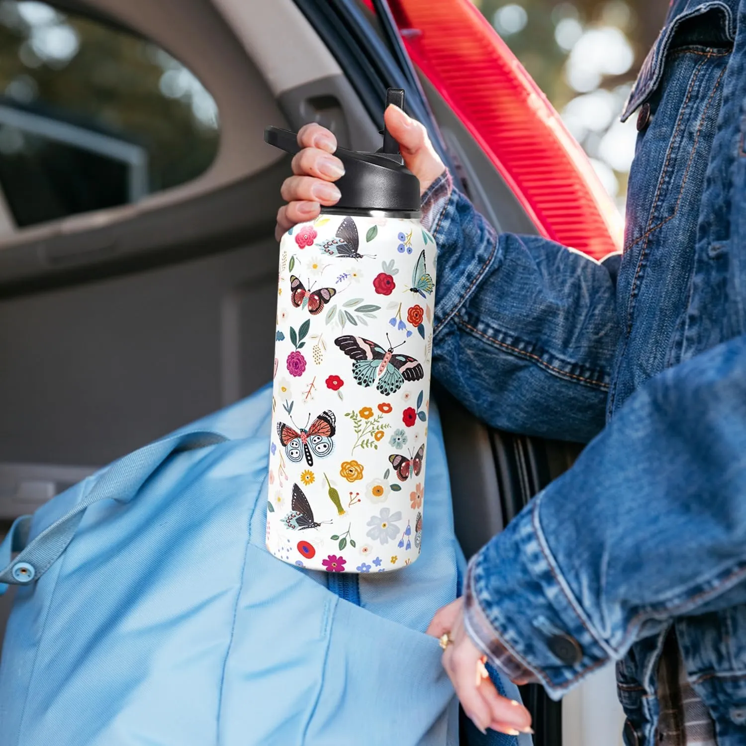32oz Butterfly Stainless Insulated Aater Water Bottle with Straw,Butterfly Gym Hiking Sports Coffee Mug Cup Water Bottles,Butterfly Gifts for Women,Butterfly Decor Stuff Accessories