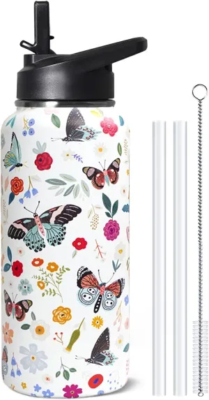 32oz Butterfly Stainless Insulated Aater Water Bottle with Straw,Butterfly Gym Hiking Sports Coffee Mug Cup Water Bottles,Butterfly Gifts for Women,Butterfly Decor Stuff Accessories