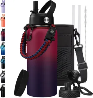 32oz Insulated Water Bottle with Straw & Spout Lids, Paracord Handle, Bottle Sleeve, Silicone Boot, Thermal Metal Jug Keep Cold 48H & Hot 24H, Hydro Bottle for Travel Work Camping