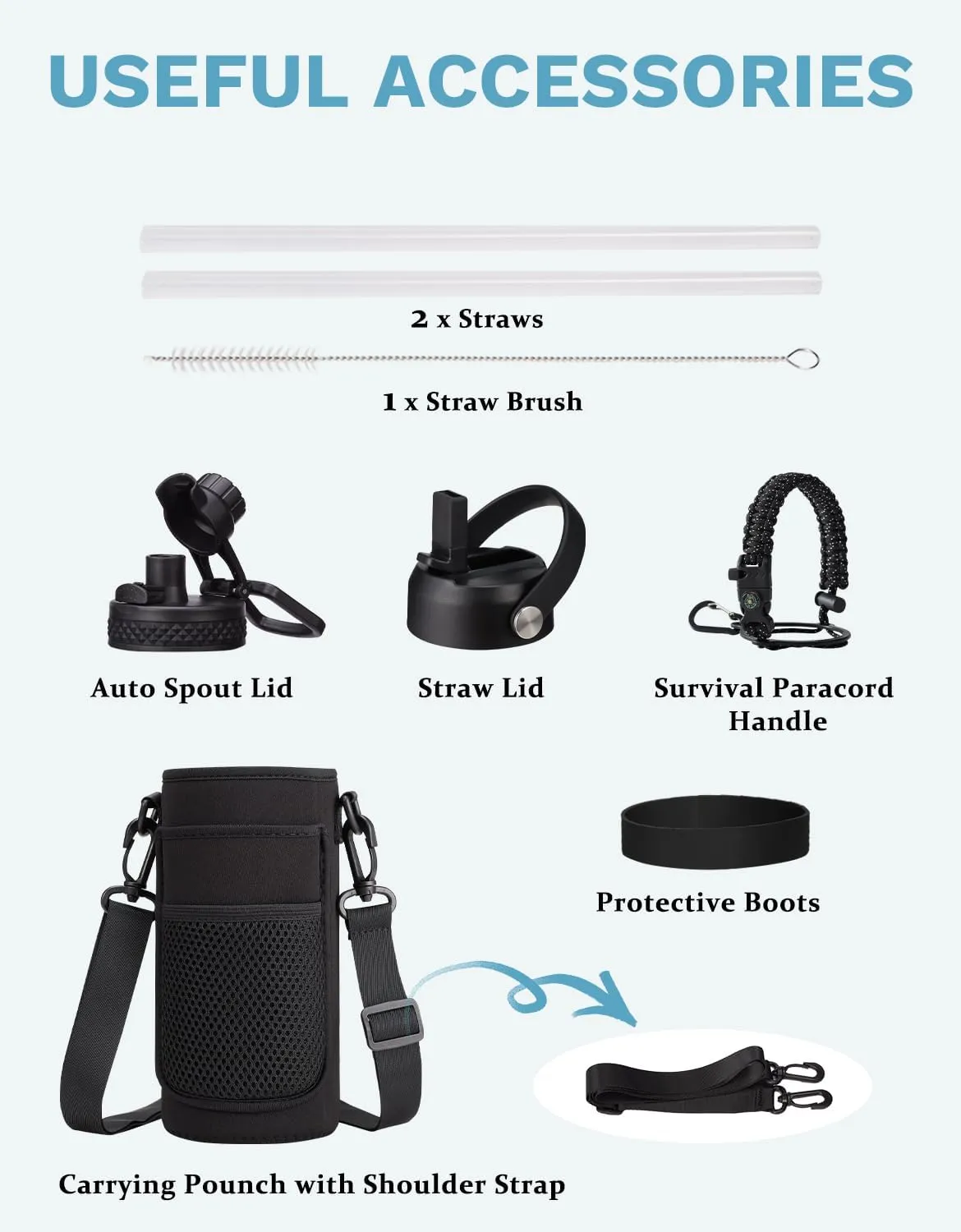 32oz Insulated Water Bottle with Straw & Spout Lids, Paracord Handle, Bottle Sleeve, Silicone Boot, Thermal Metal Jug Keep Cold 48H & Hot 24H, Hydro Bottle for Travel Work Camping
