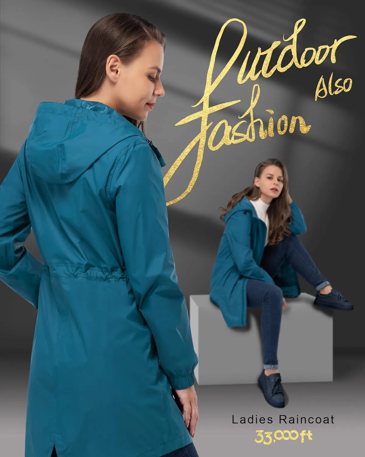33,000ft Women's Waterproof Long Rain Coats Packable Rain Jacket with Hood Trench Coats Windbreaker