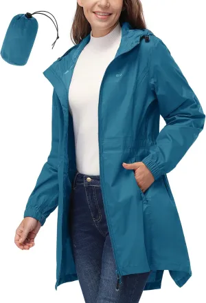 33,000ft Women's Waterproof Long Rain Coats Packable Rain Jacket with Hood Trench Coats Windbreaker