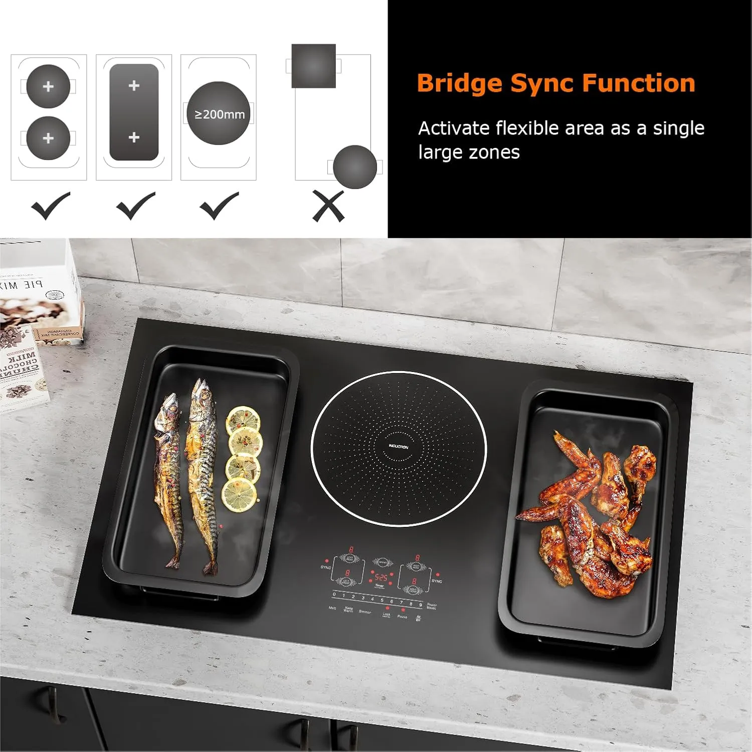 36 Inch Induction Cooktop 5 Burners, Flat Glass Top Electric Stove with Bridge-SYNC, 3 Preset Modes Booster, Timer, Pause, Child Lock, Drop in, 208~240V/50A, Black