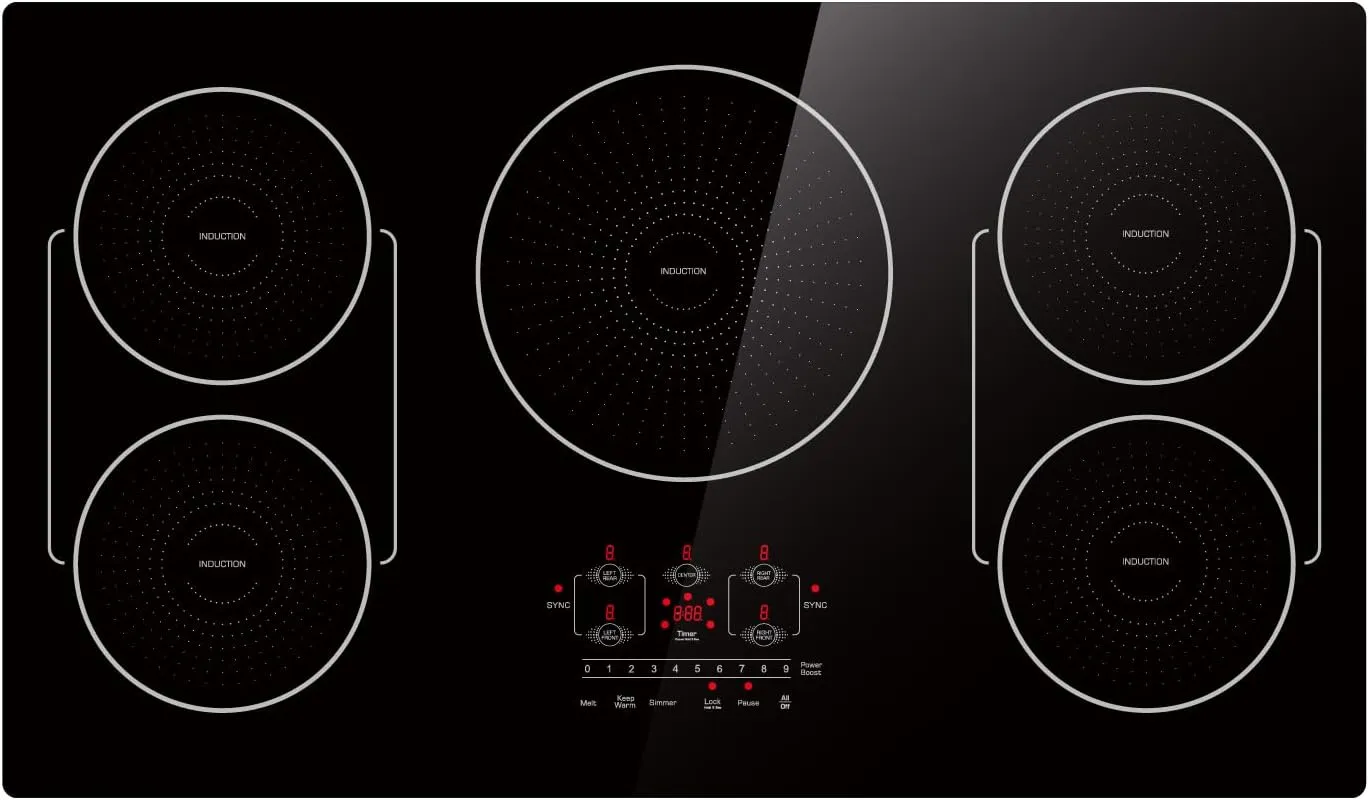 36 Inch Induction Cooktop 5 Burners, Flat Glass Top Electric Stove with Bridge-SYNC, 3 Preset Modes Booster, Timer, Pause, Child Lock, Drop in, 208~240V/50A, Black