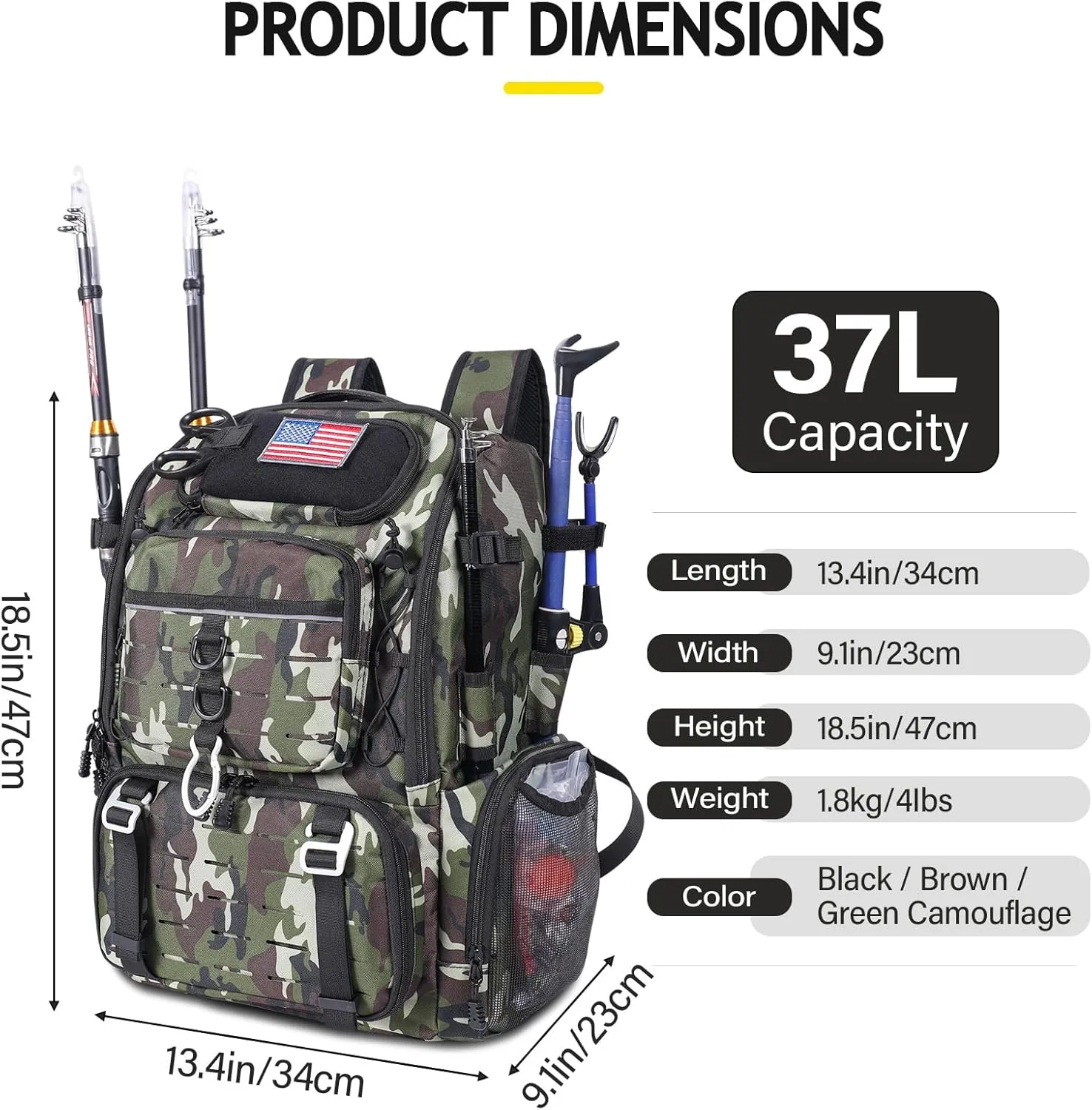37L Fishing Tackle Backpack with Rod Strap, Insulated Outdoor Tackle Bag with Protective Rain Cover, Green Camouflage