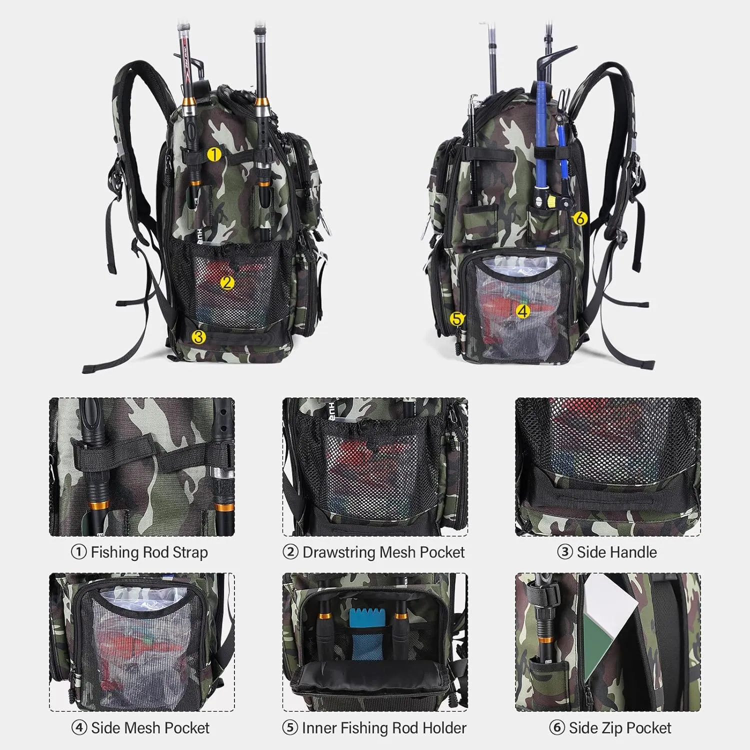 37L Fishing Tackle Backpack with Rod Strap, Insulated Outdoor Tackle Bag with Protective Rain Cover, Green Camouflage