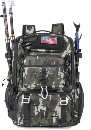 37L Fishing Tackle Backpack with Rod Strap, Insulated Outdoor Tackle Bag with Protective Rain Cover, Green Camouflage