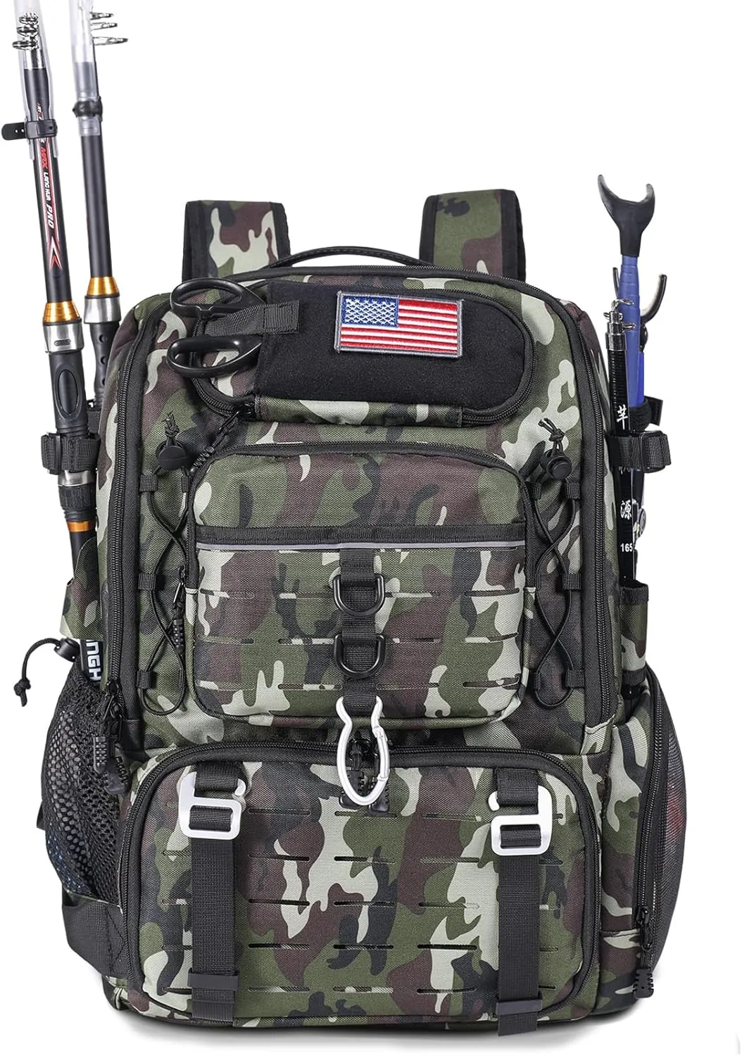 37L Fishing Tackle Backpack with Rod Strap, Insulated Outdoor Tackle Bag with Protective Rain Cover, Green Camouflage