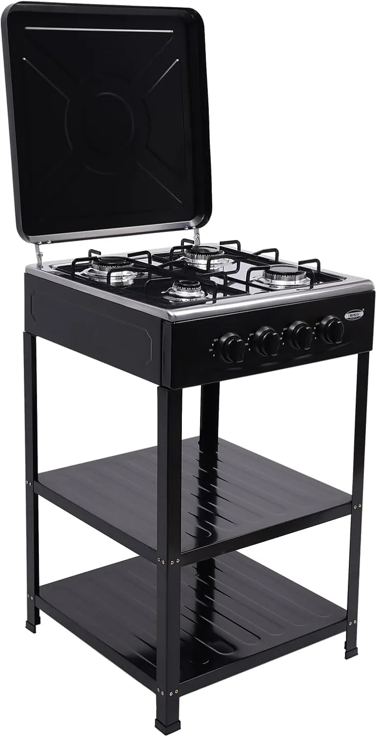 4 Burner Gas Stove Portable Outdoor Stove with Removable Storage Stand with 2 Tier Storage Rack and Wind Blocking Cover Heavy Duty Stainless Steel Propane Gas Cooker (Black)