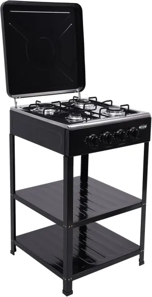 4 Burner Gas Stove Portable Outdoor Stove with Removable Storage Stand with 2 Tier Storage Rack and Wind Blocking Cover Heavy Duty Stainless Steel Propane Gas Cooker (Black)