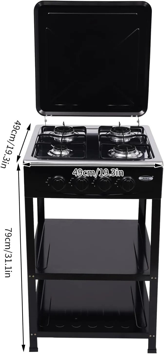 4 Burner Gas Stove, Portable Outdoor Stove with Support Leg Stand and Wind Blocking Cover Heavy Duty Camping Freestanding Stove for Backyard Cooking Camping (Black)