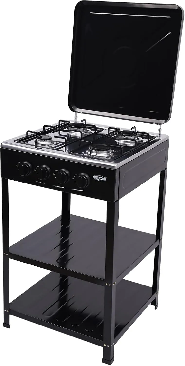 4 Burner Gas Stove, Portable Outdoor Stove with Support Leg Stand and Wind Blocking Cover Heavy Duty Camping Freestanding Stove for Backyard Cooking Camping (Black)