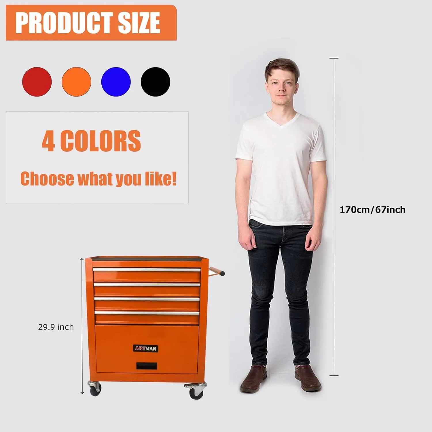 4 Drawers Tool Cart on Wheels, Rolling Tool Box Tool Storage, Drawers Rolling Tool Box Organizer Tool Case for Garage, Warehouse, Workshop, Repair Shop(4 Drawers-Orange)