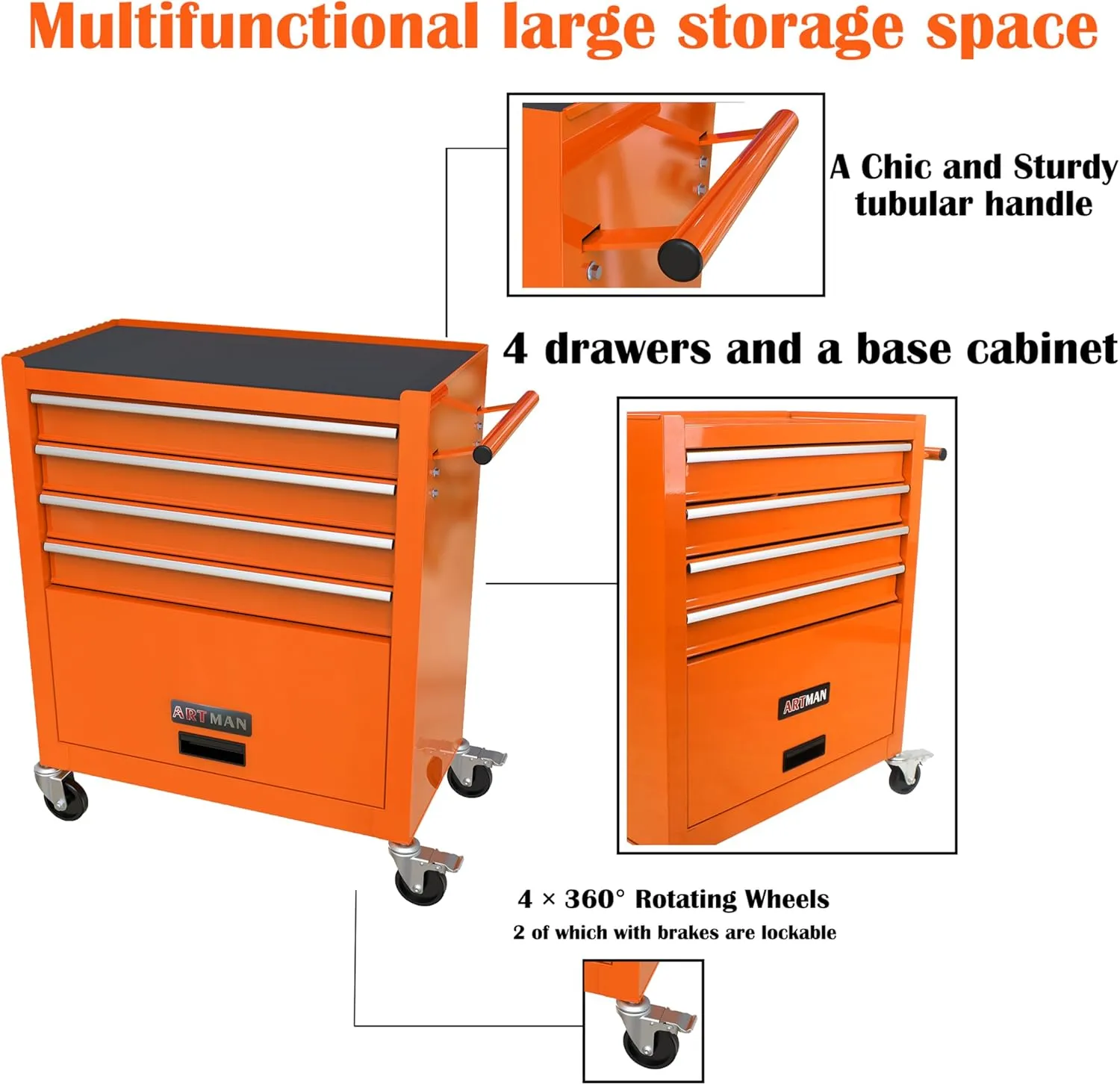 4 Drawers Tool Cart on Wheels, Rolling Tool Box Tool Storage, Drawers Rolling Tool Box Organizer Tool Case for Garage, Warehouse, Workshop, Repair Shop(4 Drawers-Orange)