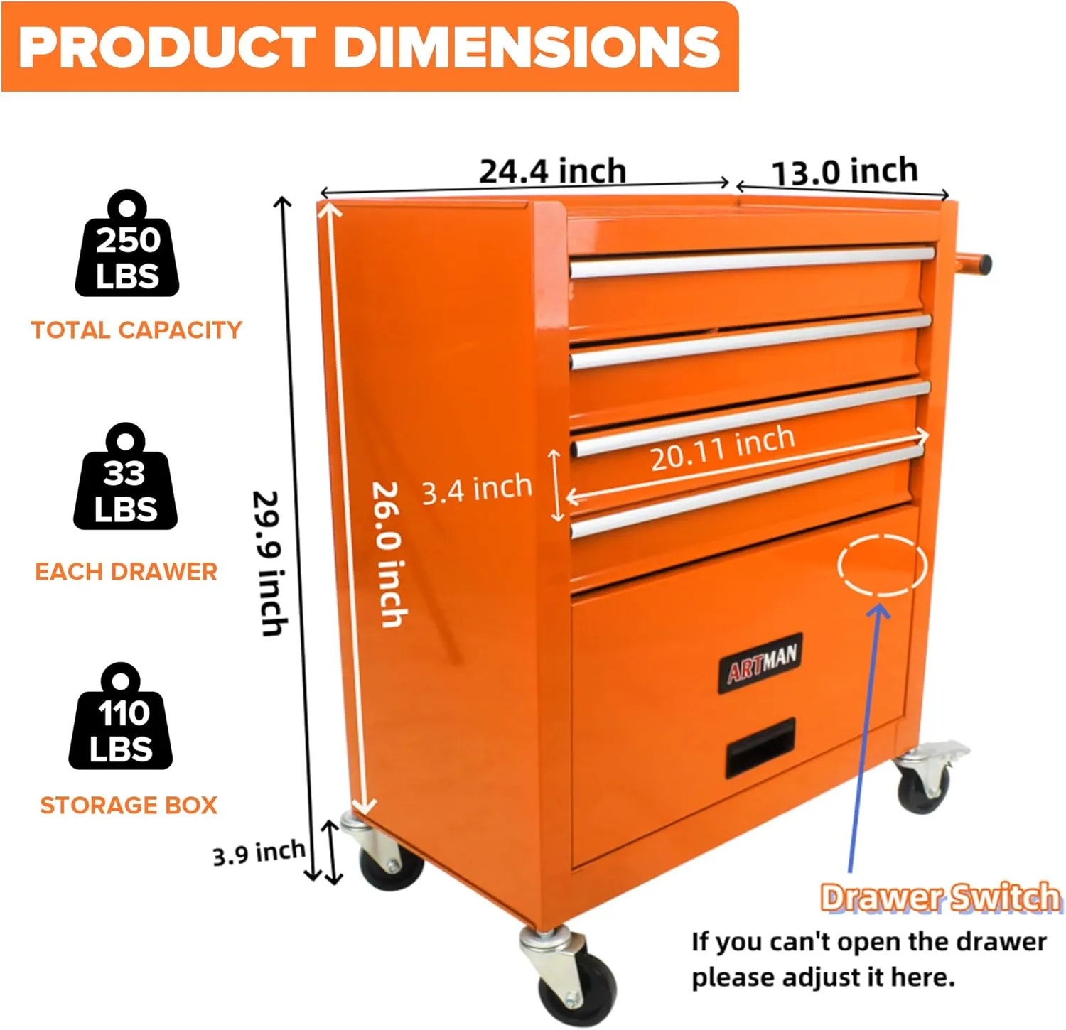 4 Drawers Tool Cart on Wheels, Rolling Tool Box Tool Storage, Drawers Rolling Tool Box Organizer Tool Case for Garage, Warehouse, Workshop, Repair Shop(4 Drawers-Orange)