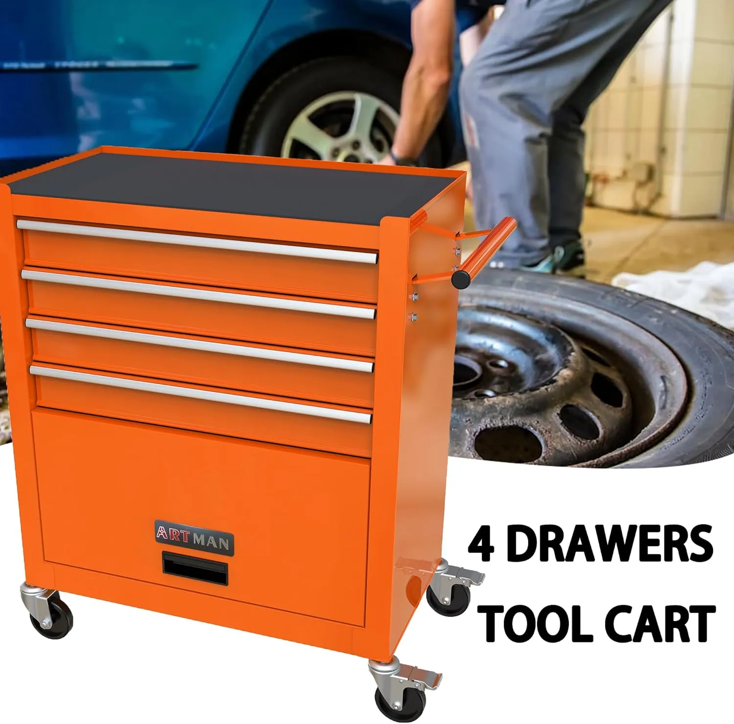 4 Drawers Tool Cart on Wheels, Rolling Tool Box Tool Storage, Drawers Rolling Tool Box Organizer Tool Case for Garage, Warehouse, Workshop, Repair Shop(4 Drawers-Orange)