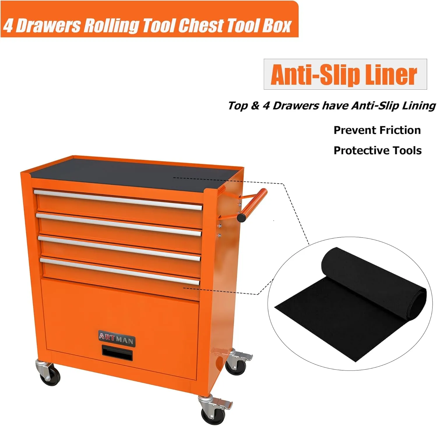 4 Drawers Tool Cart on Wheels, Rolling Tool Box Tool Storage, Drawers Rolling Tool Box Organizer Tool Case for Garage, Warehouse, Workshop, Repair Shop(4 Drawers-Orange)