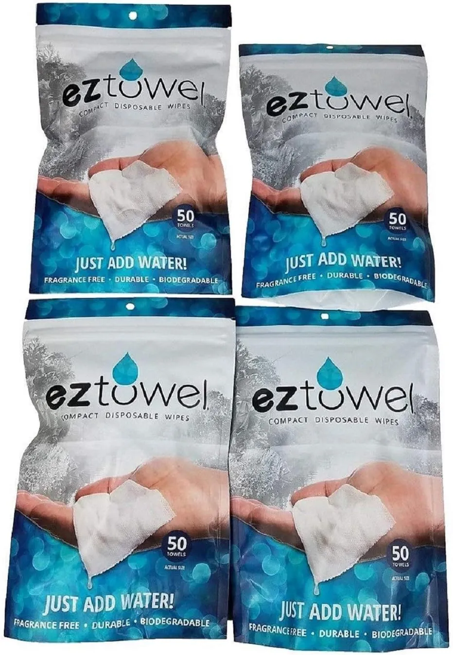 4 Pack of EZ Towels Compressed Capsule Towel Cloths in Tablet Size Biodegradable, No chemicals Added - 200 pieces