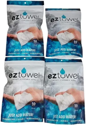 4 Pack of EZ Towels Compressed Capsule Towel Cloths in Tablet Size Biodegradable, No chemicals Added - 200 pieces
