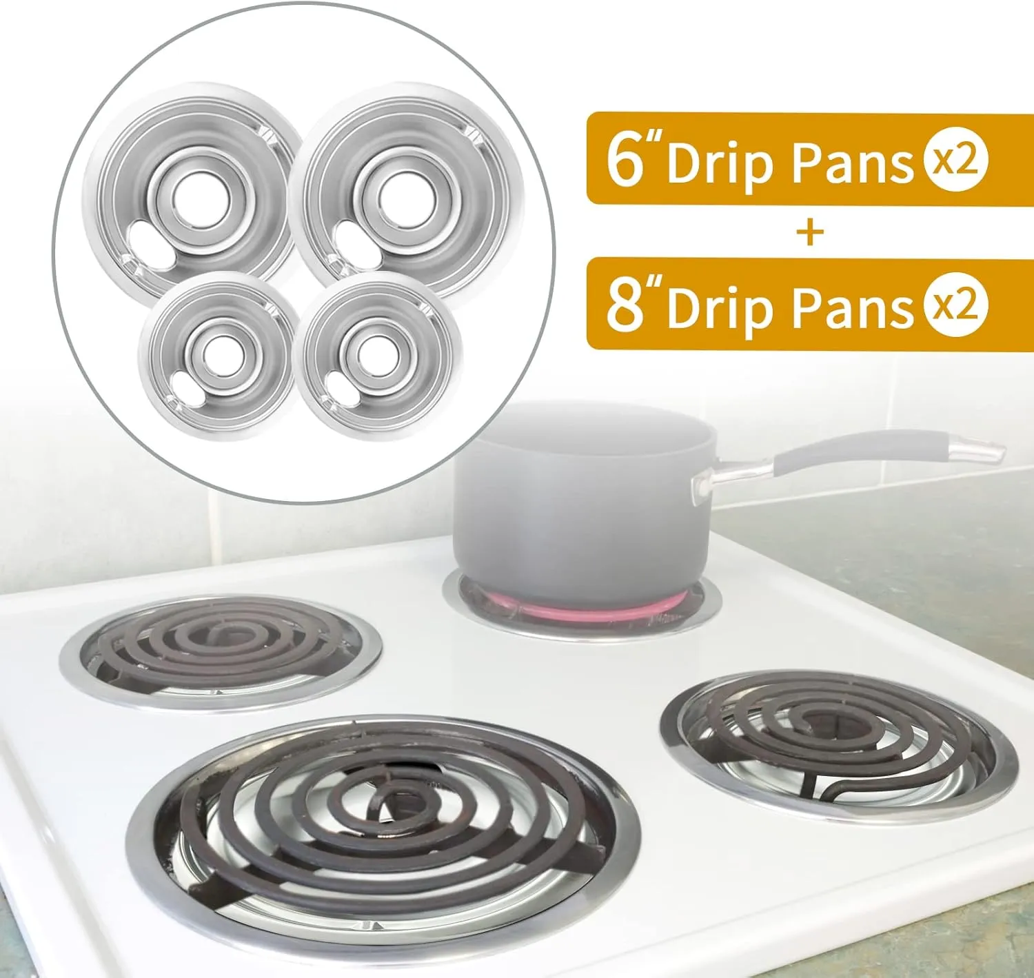 4-Piece Drip Pans Set - Compatible with GE Stoves - Chrome Finish Electric Stove Burner Drip Pans - 2 x 6inch, 2 x 8inch Stove Drip Pans - GE Stove Drip