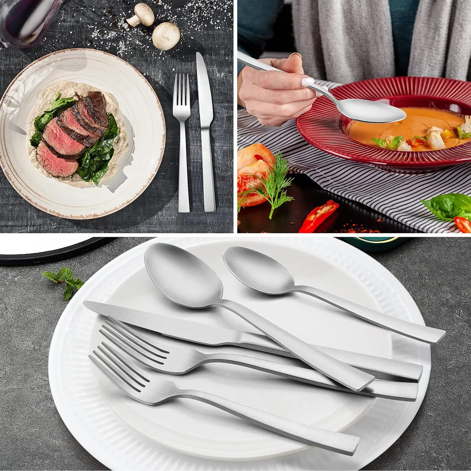 40-Piece Matte Silverware Set, E-far Stainless Steel Flatware Set Service for 8, Metal Cutlery Eating Utensils Tableware Includes Forks/Spoons/Knives, Square Edge