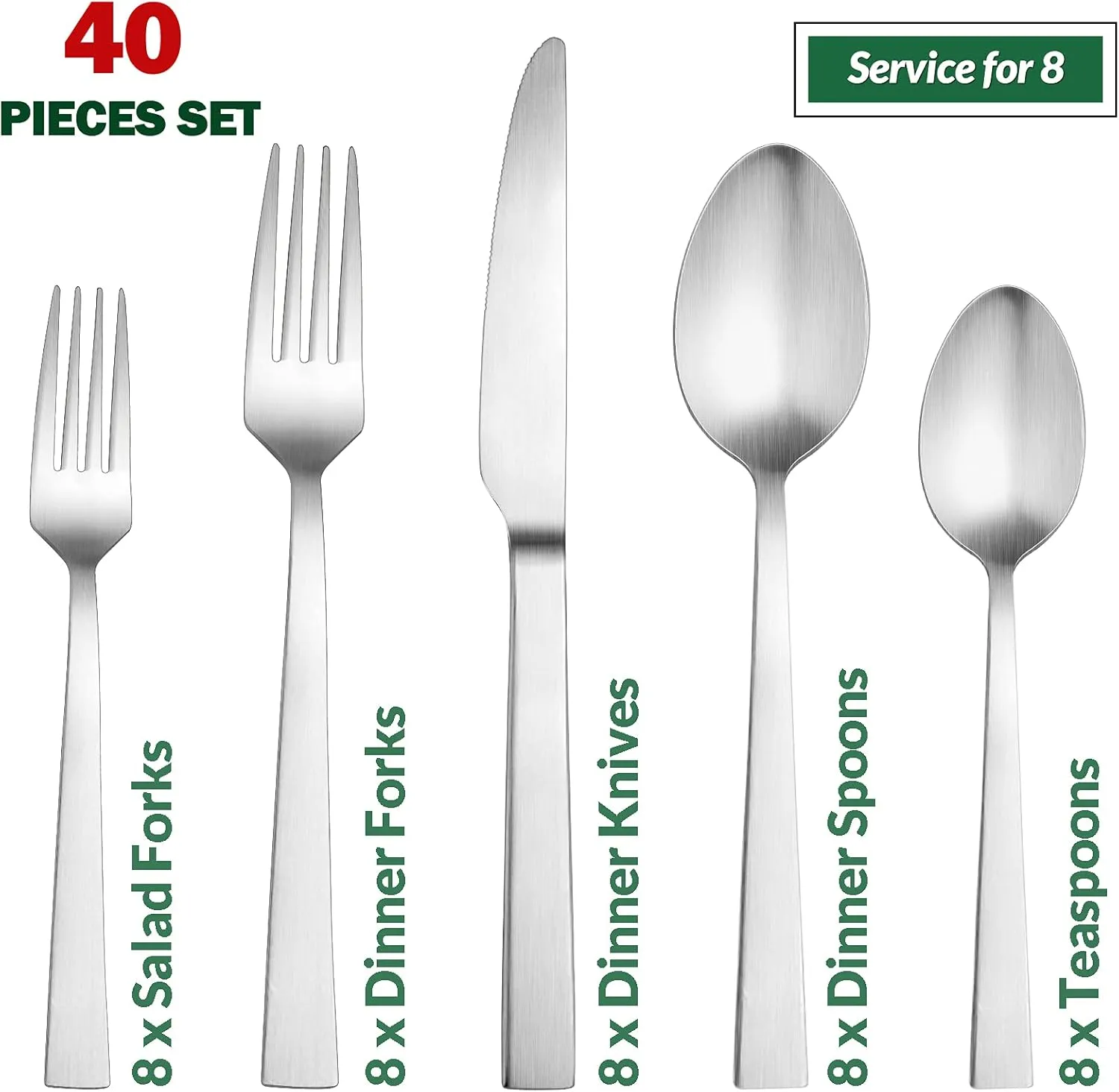 40-Piece Matte Silverware Set, E-far Stainless Steel Flatware Set Service for 8, Metal Cutlery Eating Utensils Tableware Includes Forks/Spoons/Knives, Square Edge
