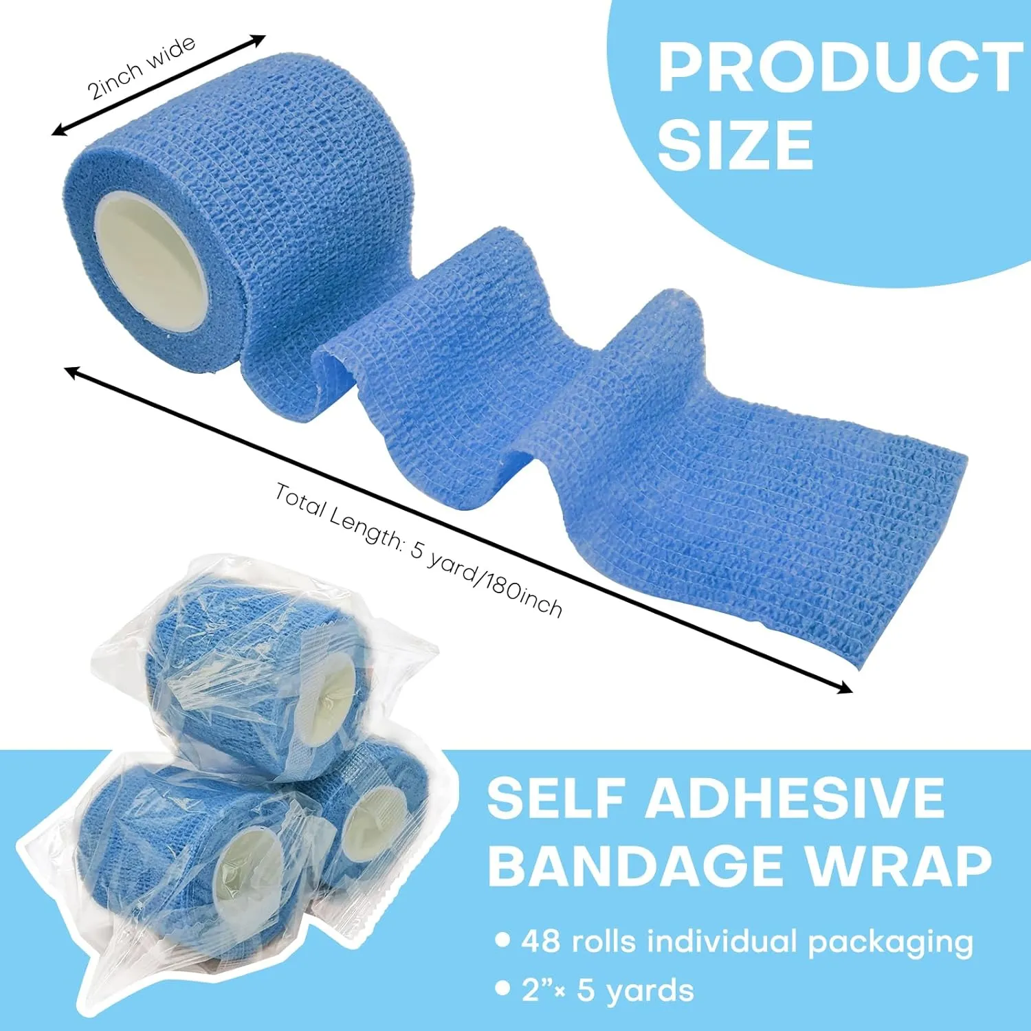 48 Pack 2” x 5 Yards Self Adhesive Bandage Wrap, Elastic Breathable Cohesive Bandage Wrap Athletic Stretch Medical Tape for First Aid Wrist Ankle Sports Vet Wrap (Multi-Color)