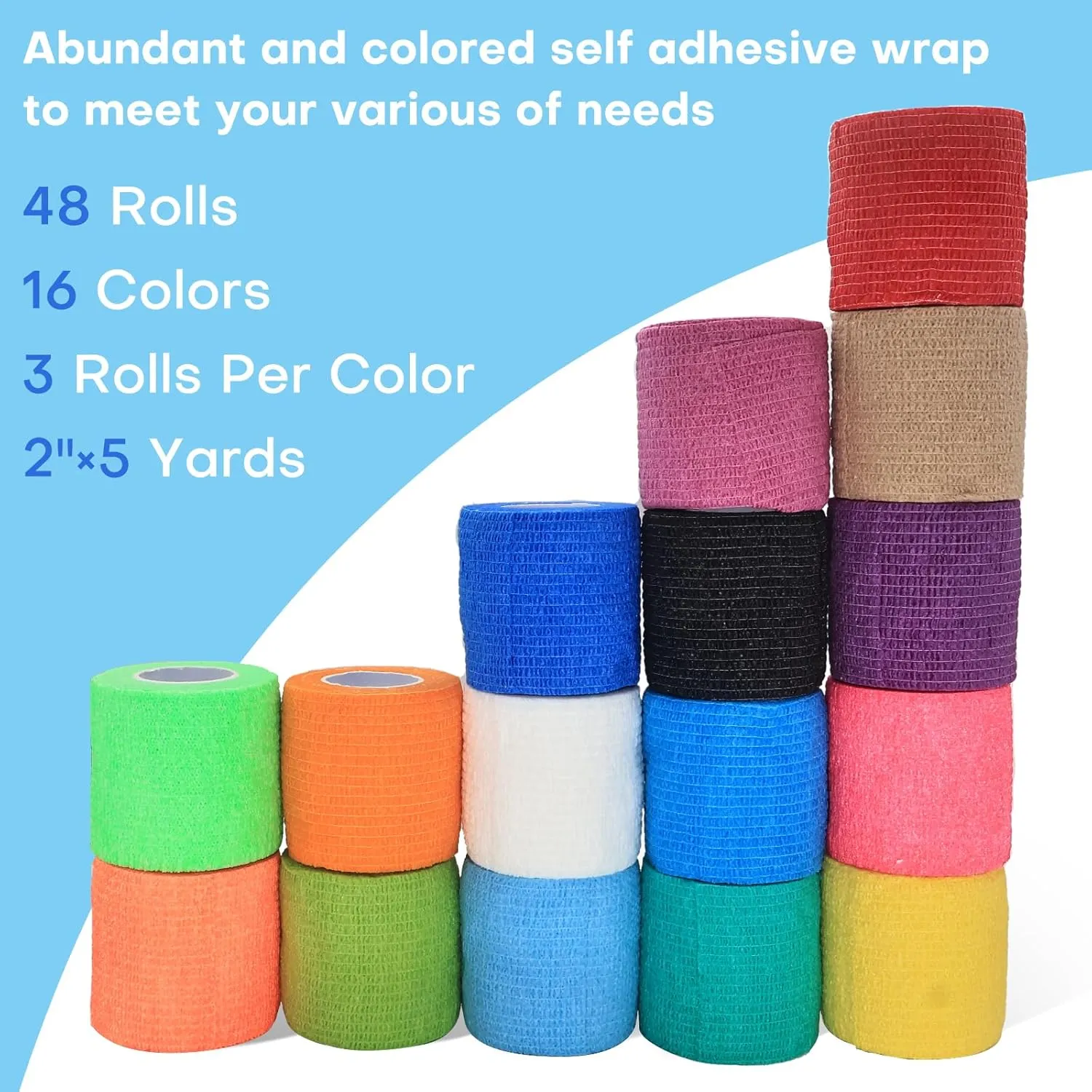 48 Pack 2” x 5 Yards Self Adhesive Bandage Wrap, Elastic Breathable Cohesive Bandage Wrap Athletic Stretch Medical Tape for First Aid Wrist Ankle Sports Vet Wrap (Multi-Color)