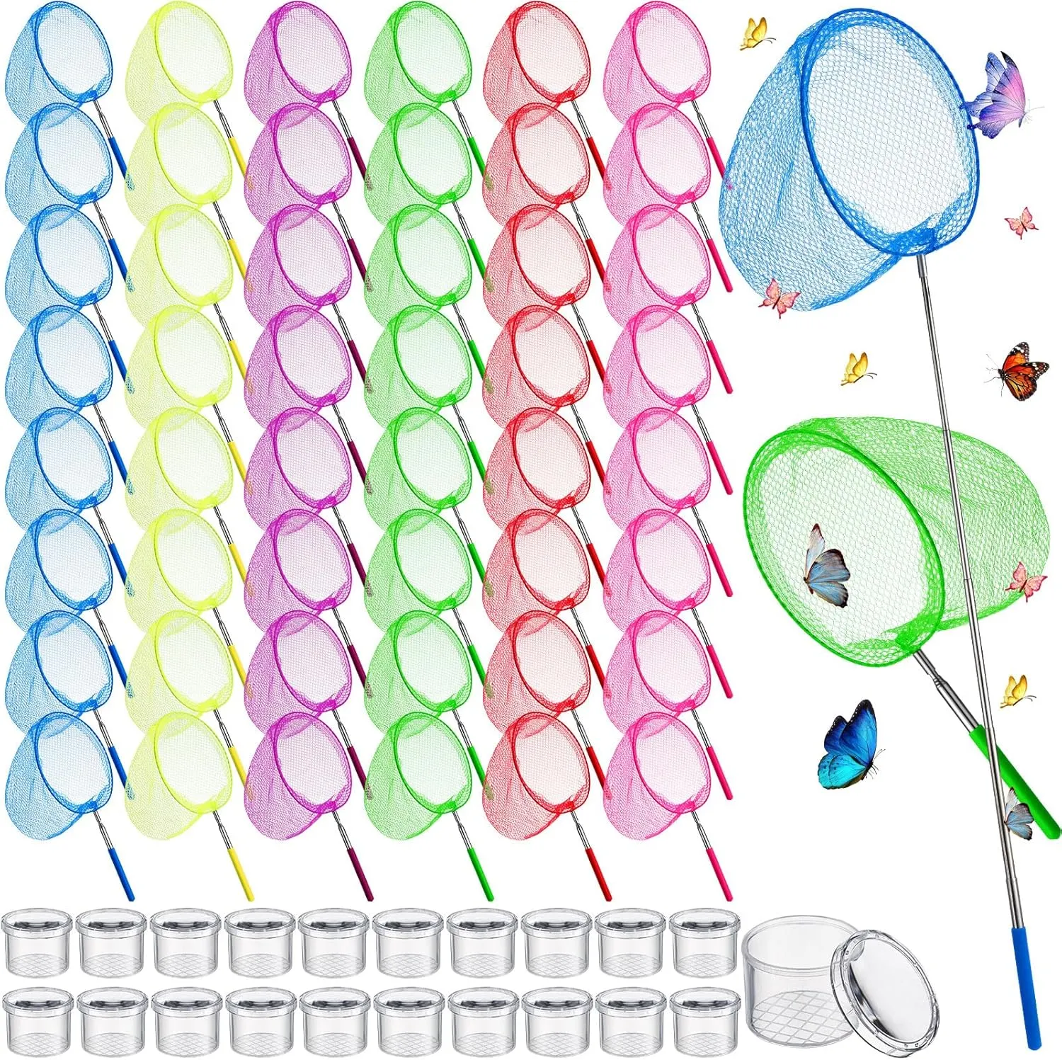48 Pcs Kids Butterfly Fishing Nets Bulk Colorful Telescopic Butterfly Fishing Nets with Stainless Steel Pole Handle 34 Inch with 20 Pcs Plastic Insect Bottle Nature Exploration Toys