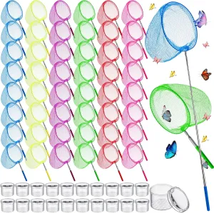 48 Pcs Kids Butterfly Fishing Nets Bulk Colorful Telescopic Butterfly Fishing Nets with Stainless Steel Pole Handle 34 Inch with 20 Pcs Plastic Insect Bottle Nature Exploration Toys