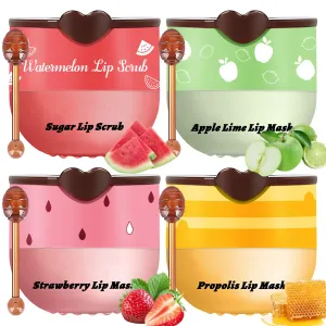 4Pcs Lip Balm Honey Pot with Stick, Hydrating Lip Mask & Lip Scrub Set, Watermelon Apple Strawberry Honey Moisturizing Sleeping Lip Mask, Day and Night Repair and Care