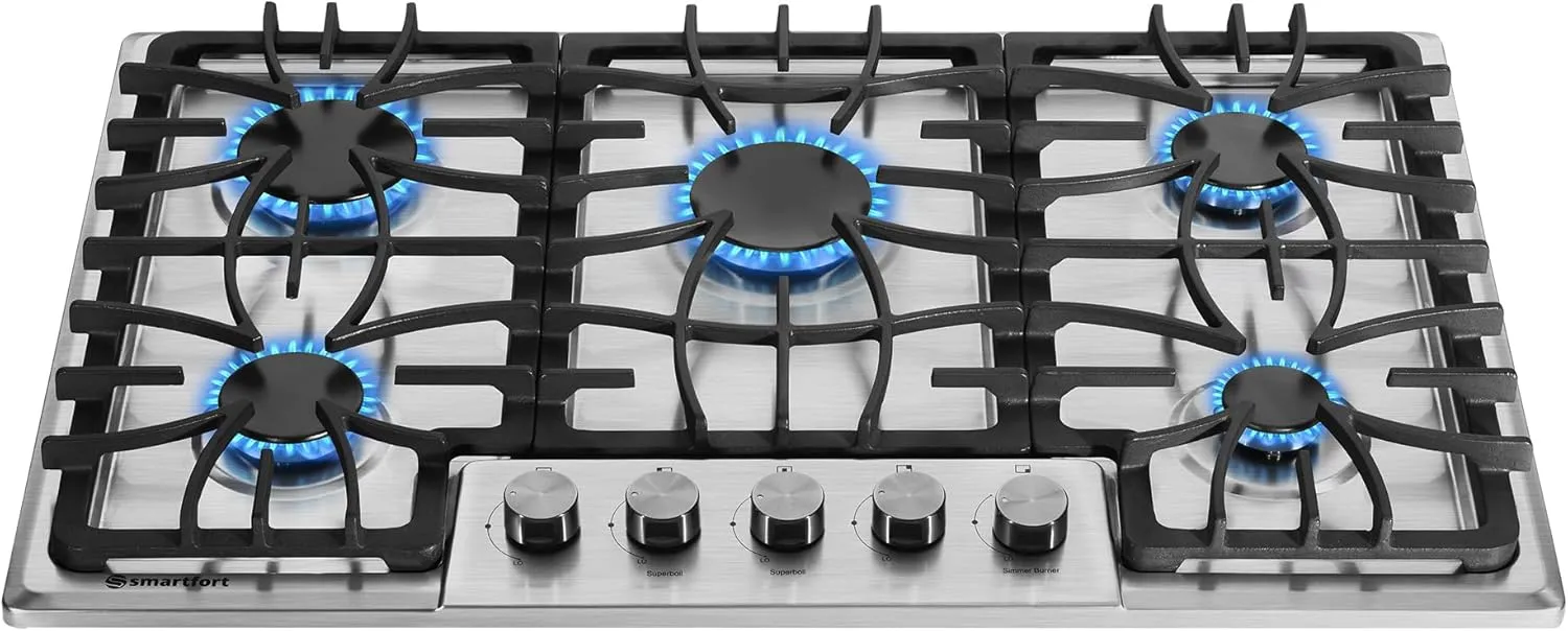 5 Burner Gas Cooktop, 30" Inch ITALY Powerful Burners Gas Stove Top, LPG/NG Dual Fuel With Thermocouple Protection Drop-in Stainless Steel