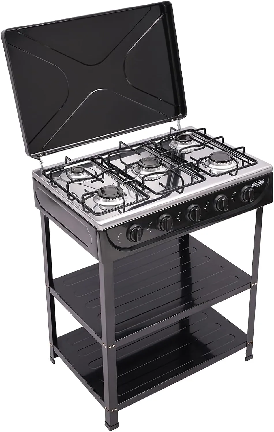 5 Burner Gas Stove Portable Stove Set with Support Leg Stand and Wind Blocking Cover Adapter, 2500W Manual Ignition Camping Stove, Camping Cookware Set for Apartment, Outdoor Cooking Camping (Black)