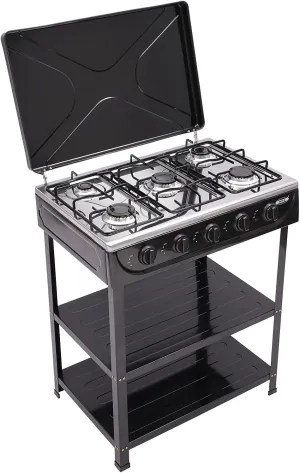 5 Burner Gas Stove Portable Stove Set with Support Leg Stand and Wind Blocking Cover Adapter, 2500W Manual Ignition Camping Stove, Camping Cookware Set for Apartment, Outdoor Cooking Camping (Black)