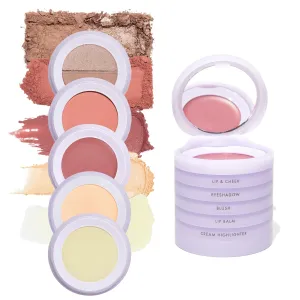 5-in-1 Travel Makeup Kit by Subtl Beauty - Eyeshadow Duo, Powder Blush, Cream Highlighter, Lip and Cheek, Lip Balm - Free Travel Mirror and Brush - Stackable Makeup for Travel