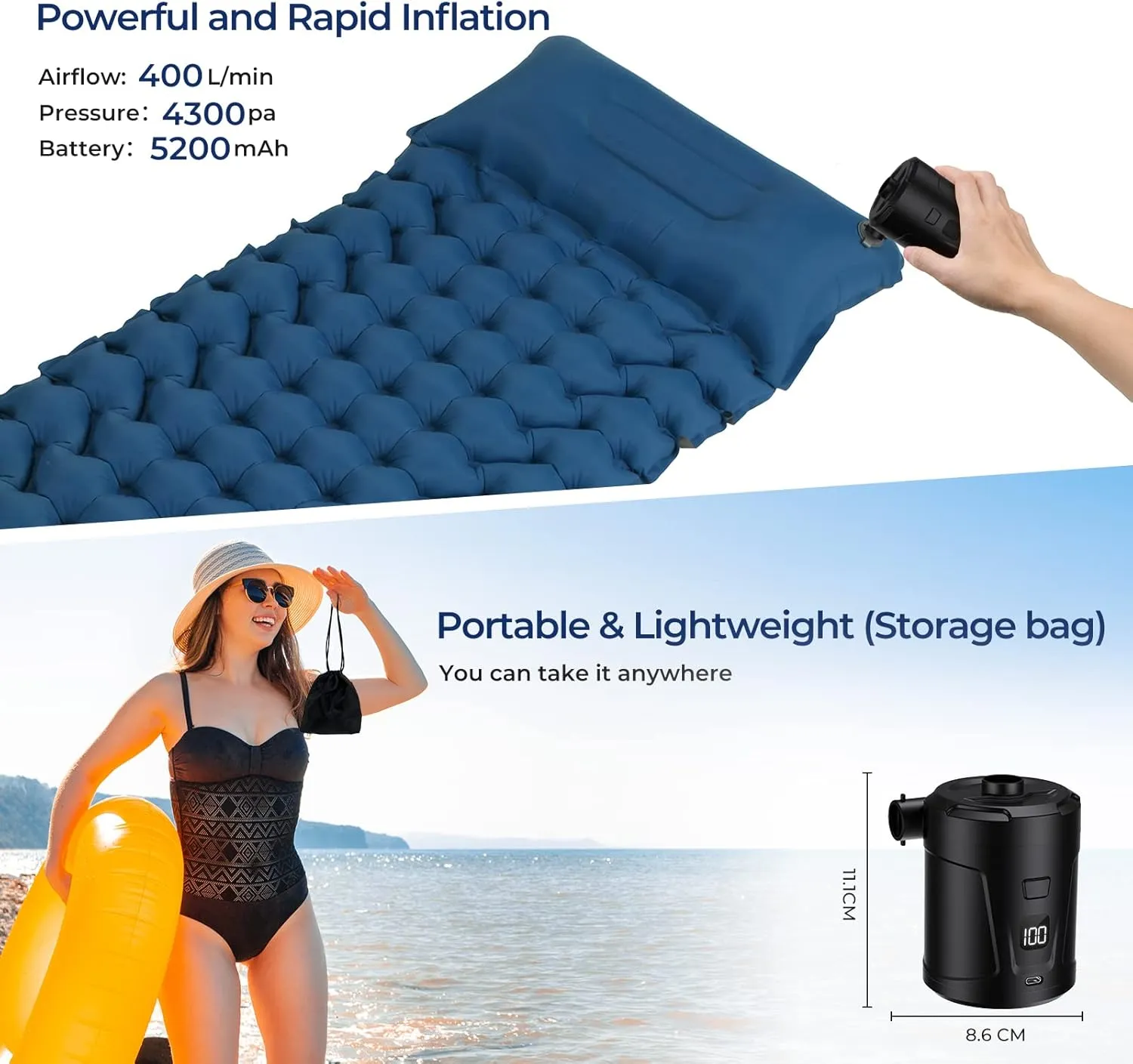 5200mAh Electric Air Pump for Inflatables, Air Mattress Pump Portable with LED Display Screen & 4 Nozzles, Inflator/Deflator Pumps for Pool, Paddle Boats, Camping, Swimming Ring