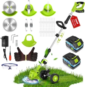 6 Inch Electric Weed Wacker with Wheels, Lightweight Electric Weed Eater, 650W High Power 8500 RPM,4000mAh Battery Powered Weed Eater, Multifunctional Grass Trimmer Lawn Tool,Green