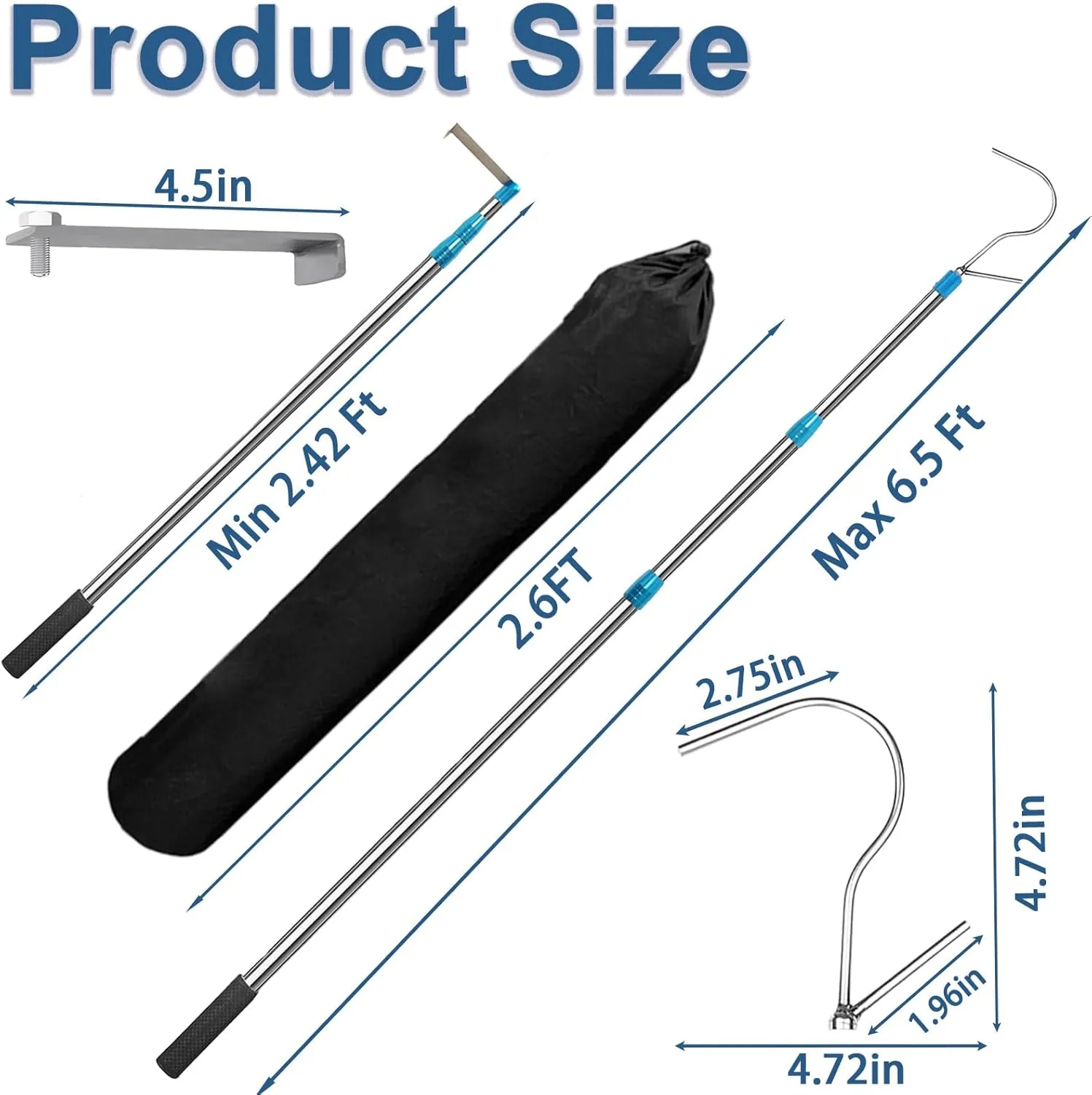 6.5Ft Truck Bed Cargo, Heavy Duty Pickup Cargo Grabber Reach Retriever Tool with Storage Bag, Telescoping Truck Bed Grabber Pole with 2-Style Hooks, Blue